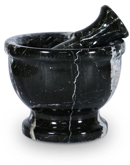 Handmade Luxury Black and Gold Marble Mortar Pestle Set Large, Rustic Herb Crusher and Stone Grinder, Best for Kitchen Usable Decor & Housewarming Gifts.