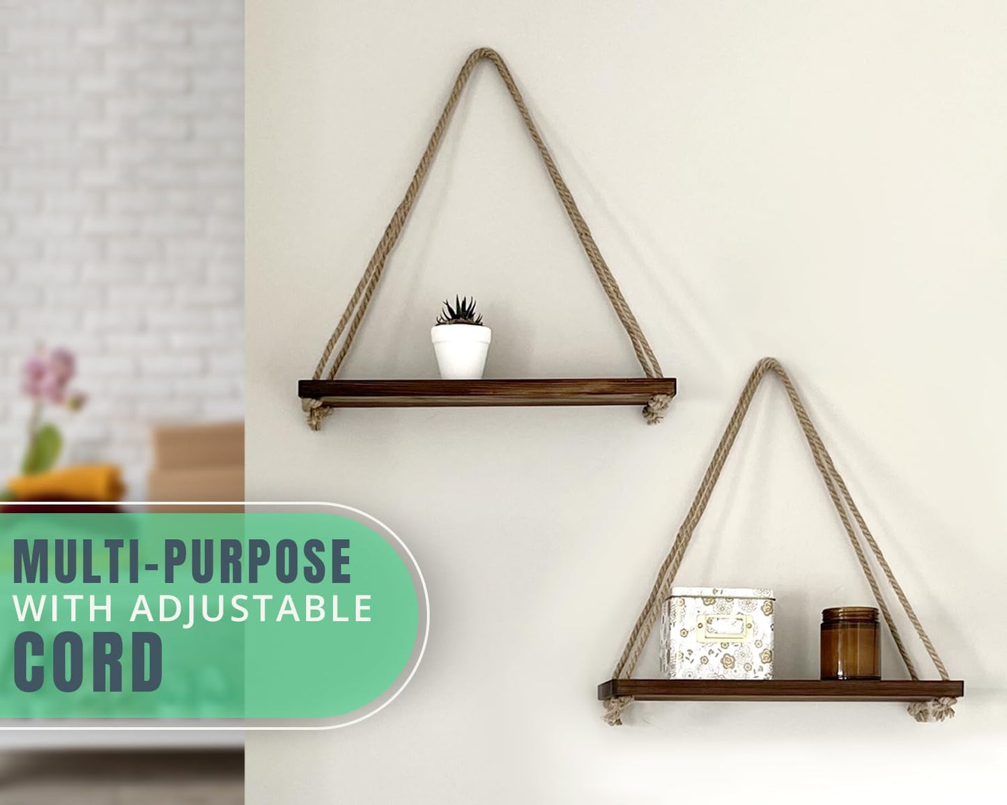 Rustic Set of 2 Wooden Floating Shelves with String – Farmhouse Hanging Shelves for Living Room Wall – Small Kitchen Shelves with Rope – 17”X5.2” – Distressed, Torched Brown Color